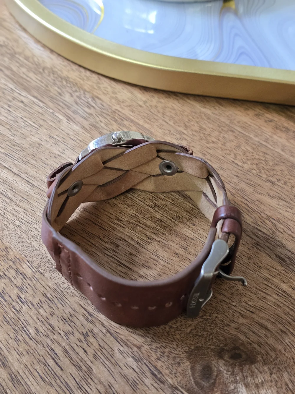 Fossil Brown Leather Cuff Watch with Silver Case and White Dial